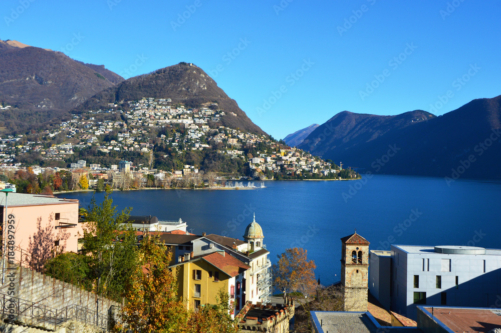 Spectacular view of Lake Lugano from funicular, Lugano, Switzerland