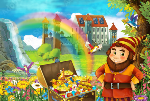 cartoon scene with beautiful stream rainbow and palace in the background little dwarf is standing near hidden home in old tree quarding chest full of treasures and smiling illustration for children photo