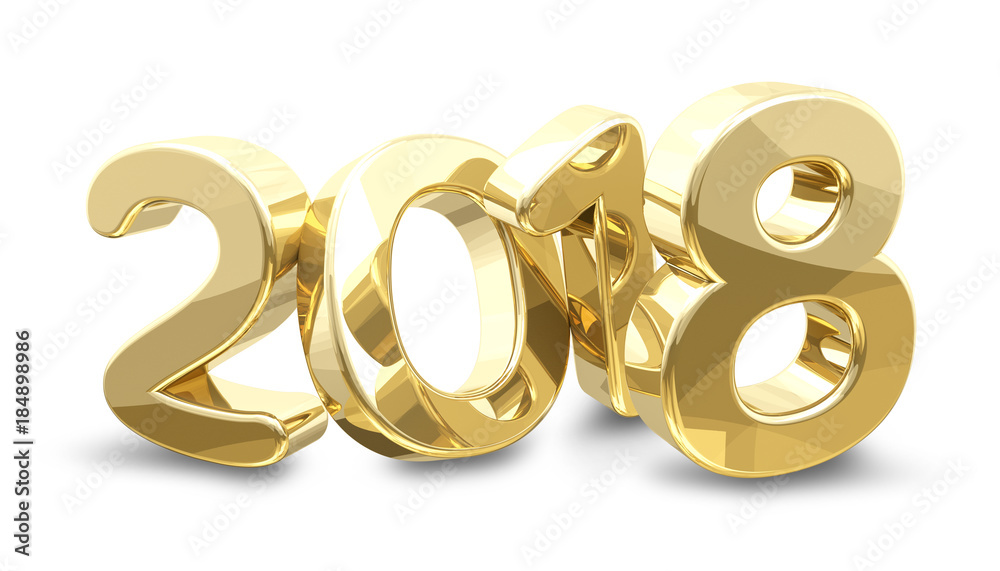 2018 in gold 3d rendering with reflection and shadow