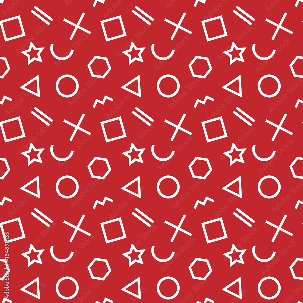 Stylish seamless pattern of simple white geometric shapes on red background. Modern abstract vector background. Stylish seamless pattern of simple white geometric shapes on red background. Modern abstract vector background.
