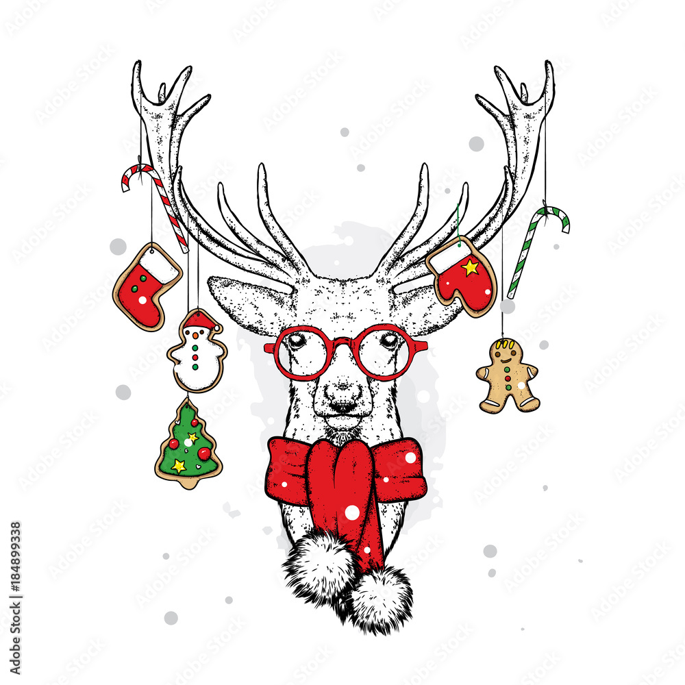 Obraz premium Christmas deer with cookies decorated with biscuits. Vector illustration. New Year's and Christmas. An animal in a scarf and glasses.
