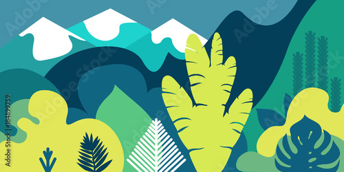 Trees are broad-leaved tropical, ferns. Mountain landscape. Flat style. Preservation of the environment, forests. Park, outdoor. Vector illustration.