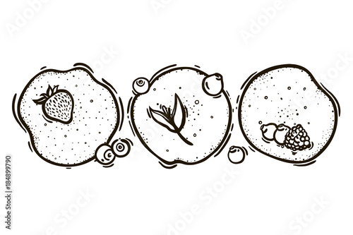 Set of three pancakes with strawberries, blueberries, blackberries, raspberries. Culinary baking. Vector illustration.