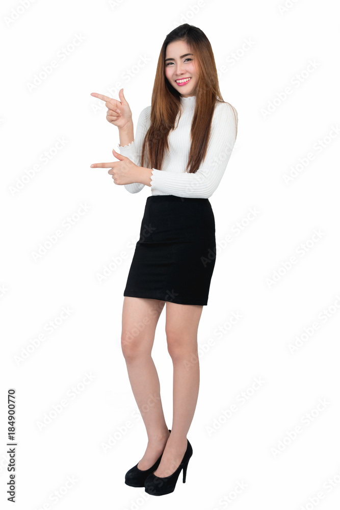 Smiling young business woman portrait in long sleeve and short skirt on white background Smiling young business woman portrait in long sleeve and short skirt on white background