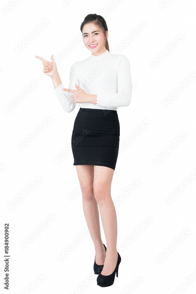 Smiling young business woman portrait in long sleeve and short skirt on white background Smiling young business woman portrait in long sleeve and short skirt on white background