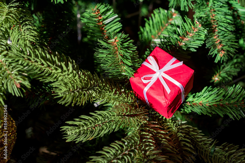 Christmas tree decoration red present box close up Christmas tree decoration red present box close up