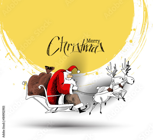 Santa Claus rides reindeer sleigh flying in the vector background.
