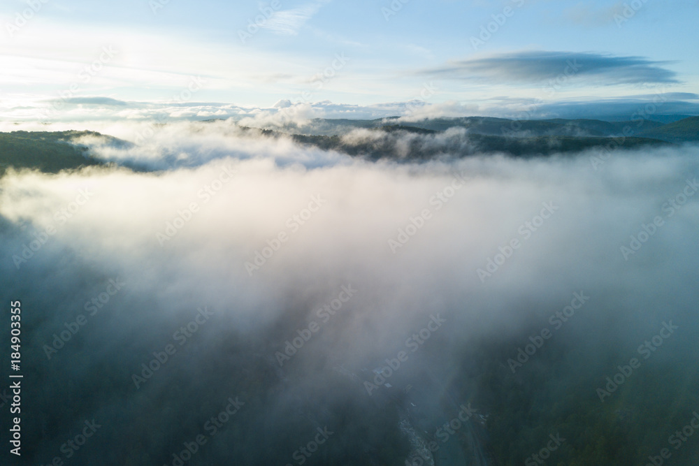 Obraz premium Sunset in the Ural mountains in Karatash ridge. Flying by drone