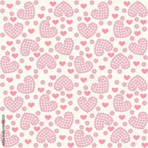 Seamless light background with flowers and hearts. Ideal for printing on fabric or paper. Vector illustration.
