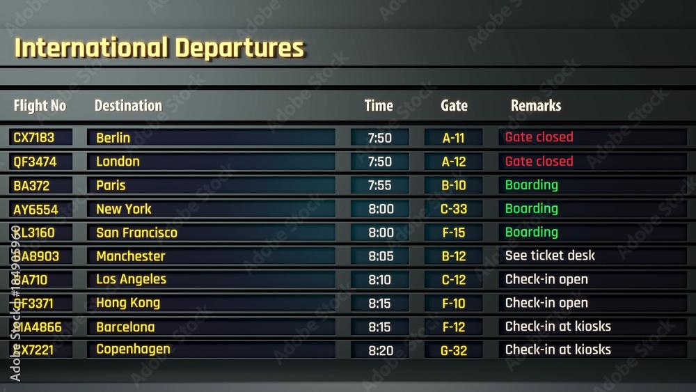 ภาพประกอบสต็อก Airport timetable, departure flight information updating, international flights