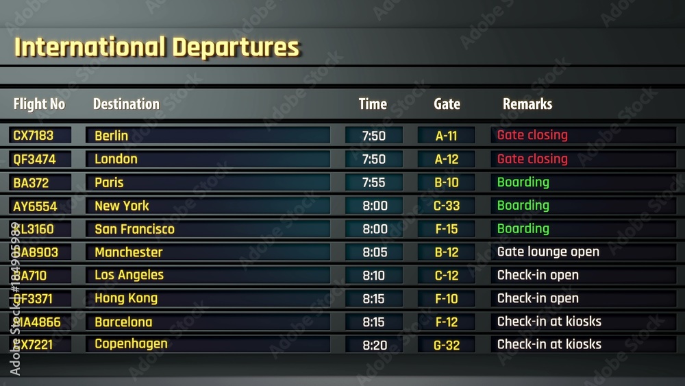 Airport flight information displayed on departure board, flight status  changing foto de Stock | Adobe Stock