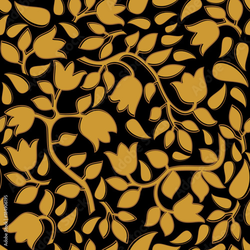 Seamless black background with gold tulips pattern. Ideal for printing on fabric or paper. Vector illustration.