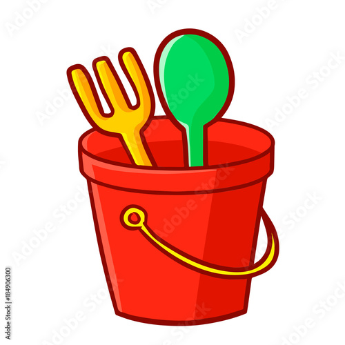 Cute and funny red bucket with shovel and fork inside for holiday - vector.