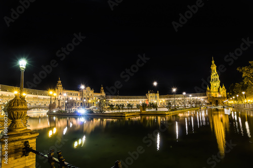Spain Square  Plaza de Espana  at night  Seville  Spain  built on 1928  it is one example of the Regionalism Architecture mixing Renaissance and Moorish styles