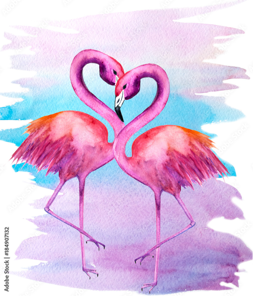 Fototapeta premium watercolor illustration of two flamingos on a colored background