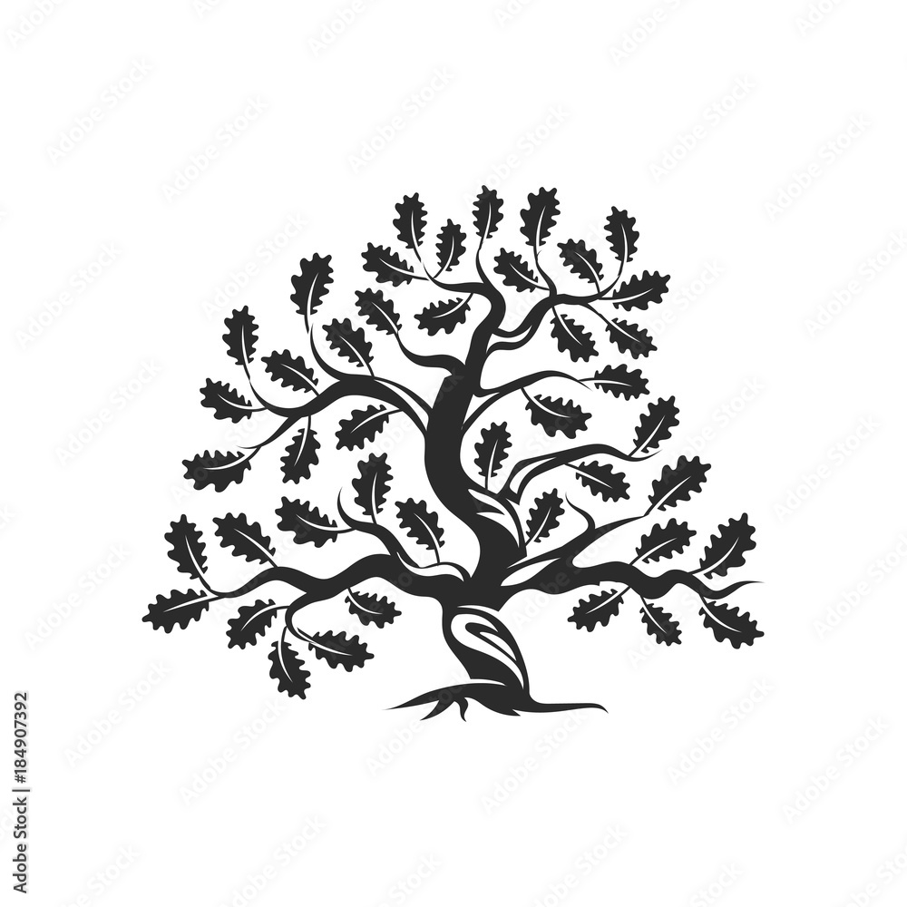 Huge and sacred oak tree silhouette logo badge isolated on white background. Huge and sacred oak tree silhouette logo badge isolated on white background.