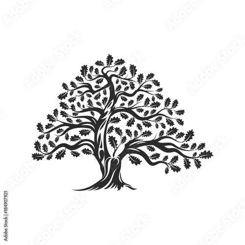 Huge and sacred oak tree silhouette logo badge isolated on white background