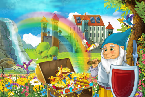 cartoon scene with beautiful stream rainbow and palace in the background little dwarf is standing near hidden home in old tree quarding chest full of treasures and smiling illustration for children photo