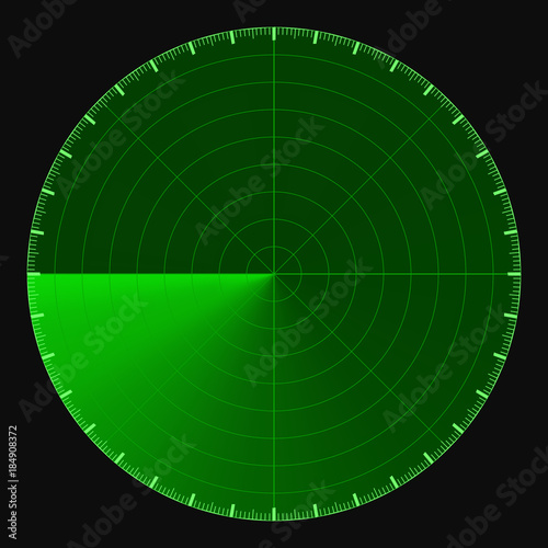 Green radar screen, circular 360 degree scale, vector template active scanning radar sonar
