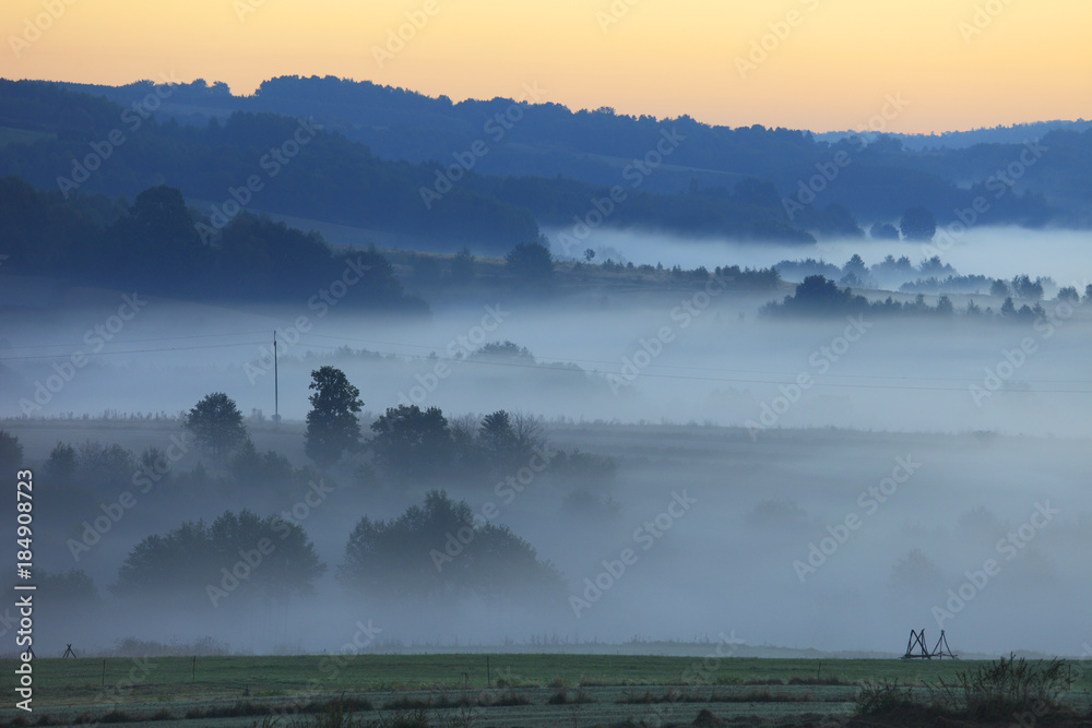 Fields and meadows under early morning fog - Podkarpacie region, Lesser Poland province, Poland, near cities of Rzeszow and Krosno