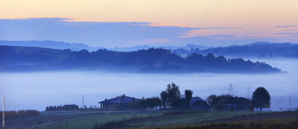 Fototapeta premium Fields and meadows under early morning fog - Podkarpacie region, Lesser Poland province, Poland, near cities of Rzeszow and Krosno