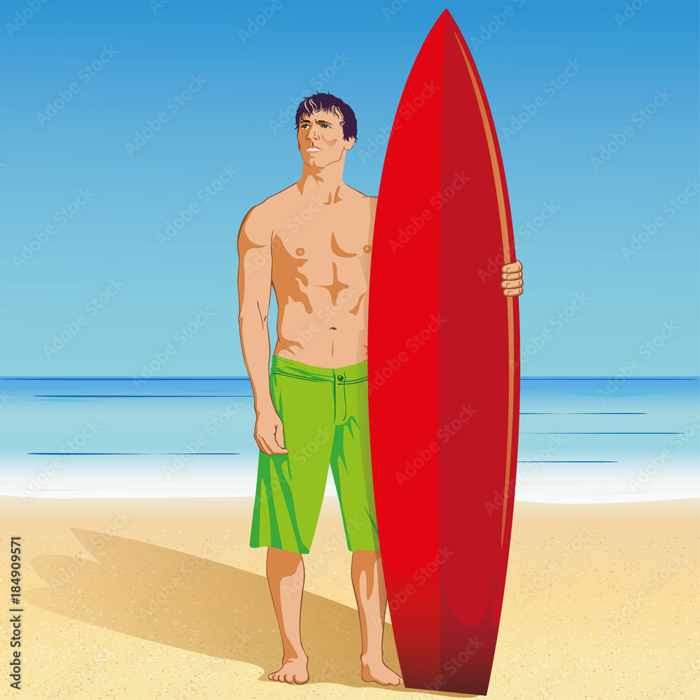 Illustration of surfer holding surfboard on a tropical beach, water sport. Ideal for sports and institutional materials