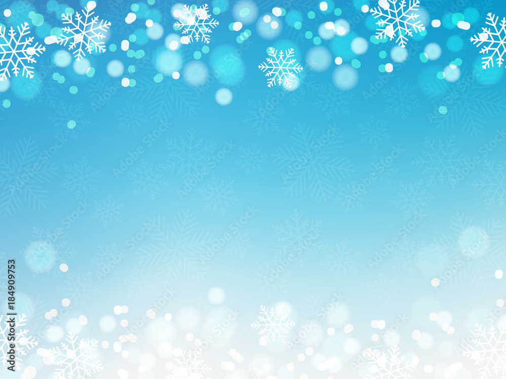 Illustration of Christmas background with blue and white snowflakes and bokeh