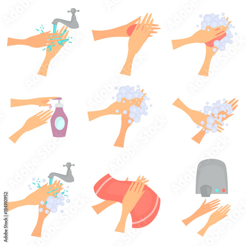 Set of hands hygiene color flat icons for web and mobile design
