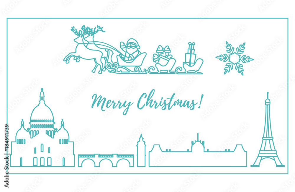 Santa Claus in sleigh with deers flying over Paris Santa Claus in sleigh with deers flying over Paris