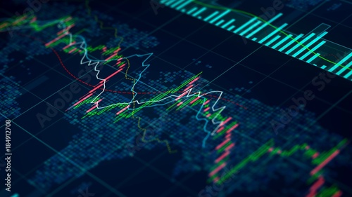Stock exchange statistics on screen, index prices growing and falling, trade
