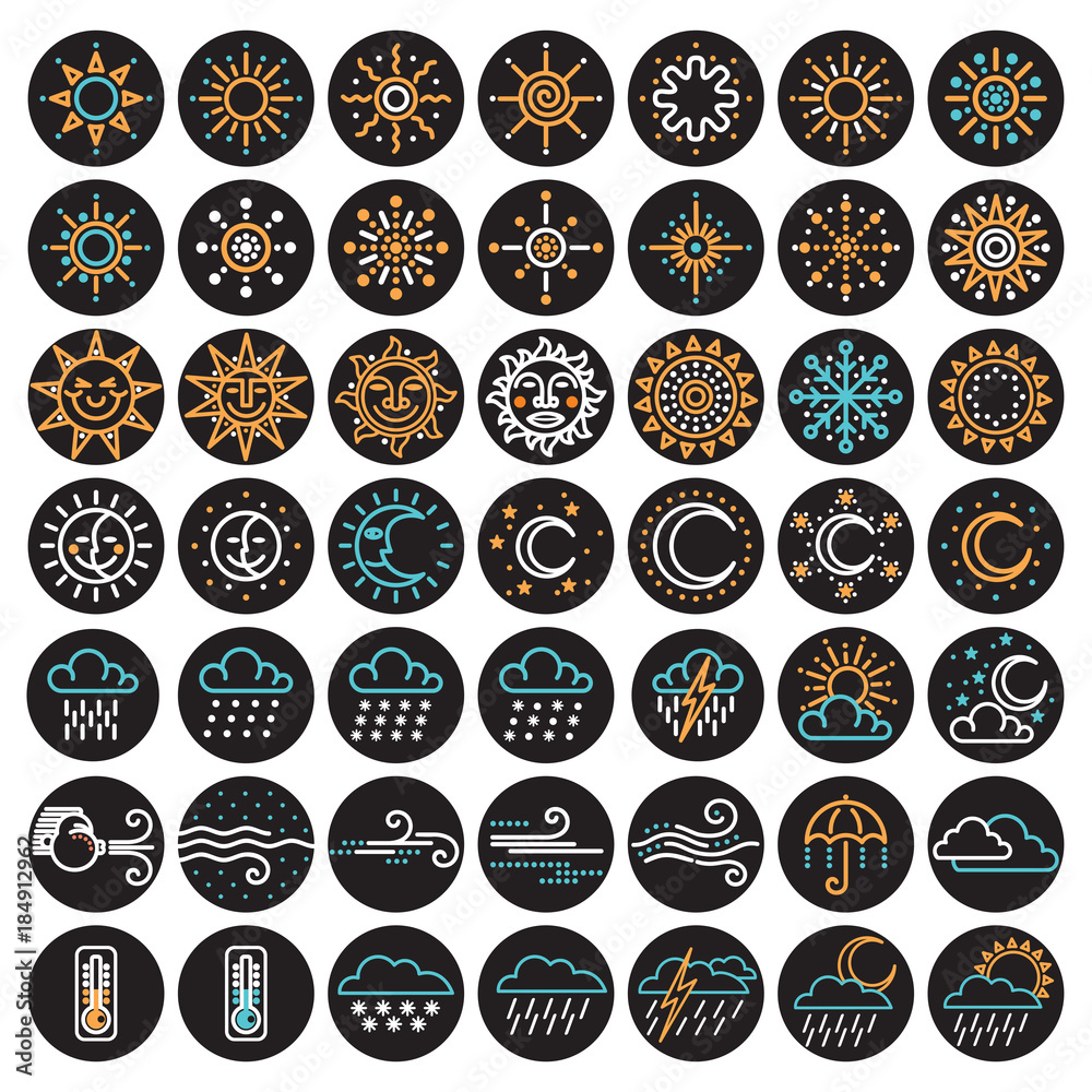 Weather icons set - vector illustration, editable lines on black circle Weather icons set - vector illustration, editable lines on black circle