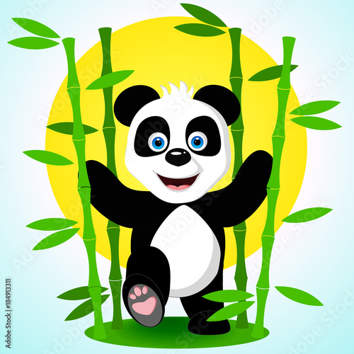 Fototapeta Naklejka Na Ścianę i Meble -  A cute happy panda bear smiles broadly striding among the bamboo branches against the background of the yellow sun and the blue sky. Vector illustration.