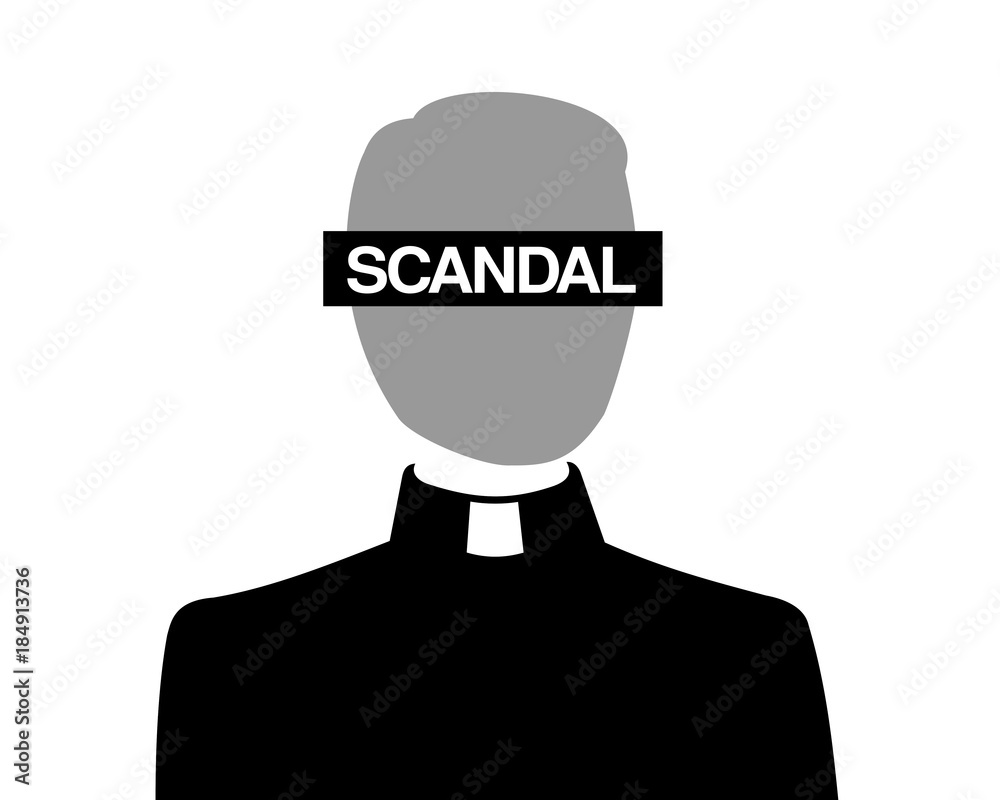 Problem of catholic christian church - priest is acussed because of inappropriate and improper scandal and scandalous behavior. allegation, investigation, conviction of clergyman. Vector illustration