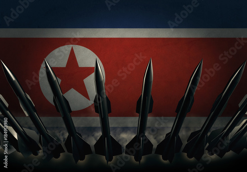 Rocket against the background of the flag of North Korea. Military background. Conflict in Asia. 3d illustration