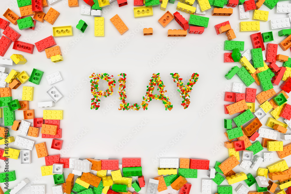 Word PLAY from the blocks of the constructor. Word with toy blocks of the constructor. 3d illustration Word PLAY from the blocks of the constructor. Word with toy blocks of the constructor. 3d illustration