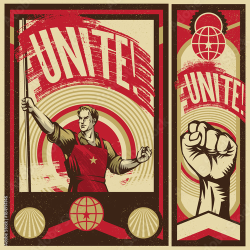 Poster Revolution. Propaganda Background Style. Revolution raising The Flag.