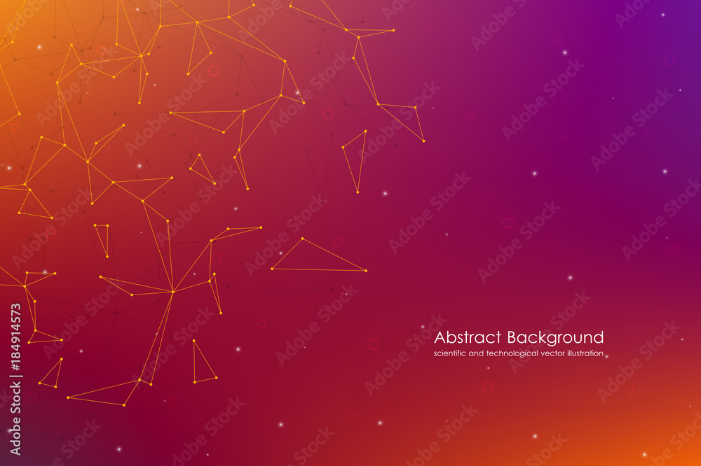 Fototapeta premium Abstract futuristic background with dots and lines, molecular particles and atoms, polygonal linear digital texture, technological and scientific concept, vector illustration