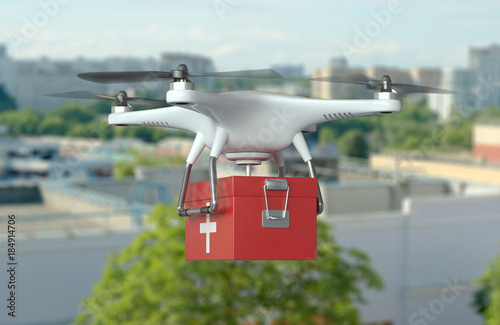 White Quadrocopter Drone with first aid kit in flight on cityscape background. 3D illustration