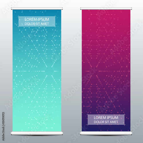 Abstract roll up banner for presentation and publication. Scientific, technological and medical template. Molecule structure background, vector illustration.
