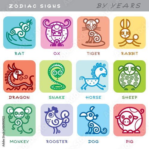 Zodiac signs - set of icons of astrological animals by years, symbols of Chinese astrological calendar.