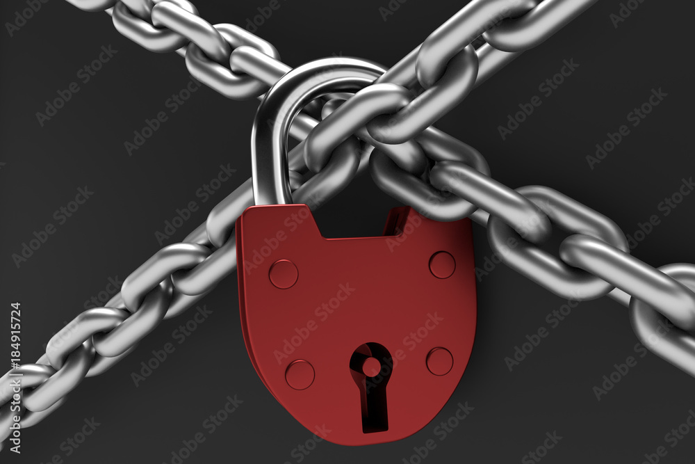 The gray metal chain and padlock 3d illustration The gray metal chain and padlock 3d illustration