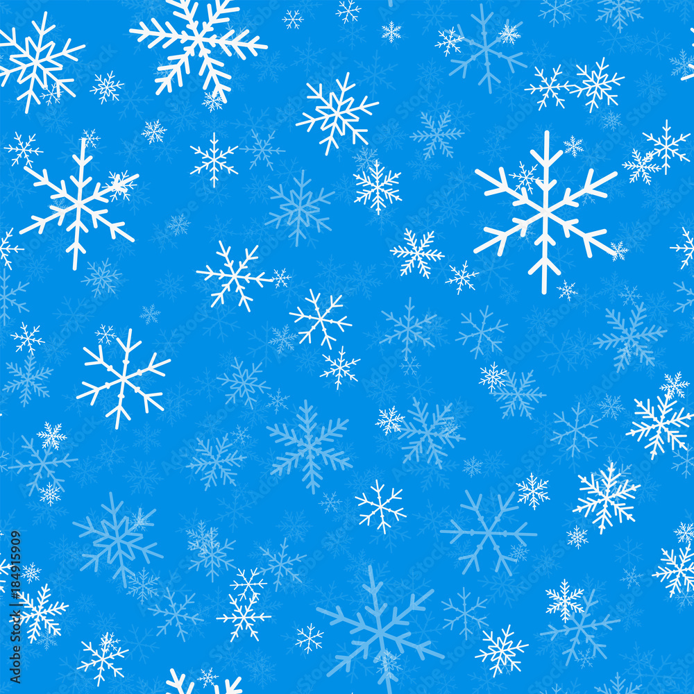 Light blue snowflakes seamless pattern on blue Christmas background. Chaotic scattered light blue snowflakes. Comely Christmas creative pattern. Vector illustration.
