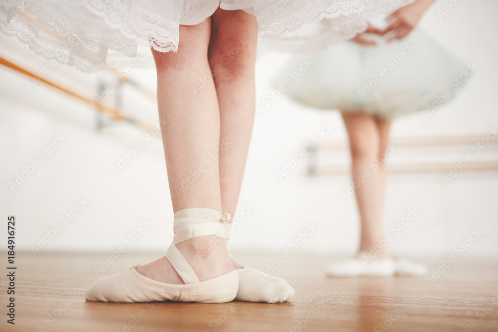 Legs of little girl wearing satin points and shiffon skirt during ballet lesson Legs of little girl wearing satin points and shiffon skirt during ballet lesson