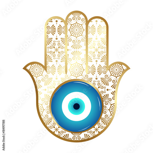Ornate hamsa, Gold amulet against the evil eye and spoilage. Vector.