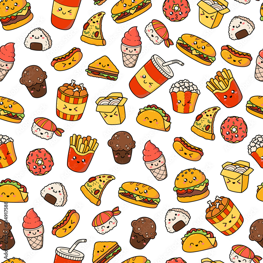 Set of vector cartoon doodle icons junk food. Illustration of comic fast  food. Seamless texture, pattern, wallpaper, background Stock Vector | Adobe  Stock