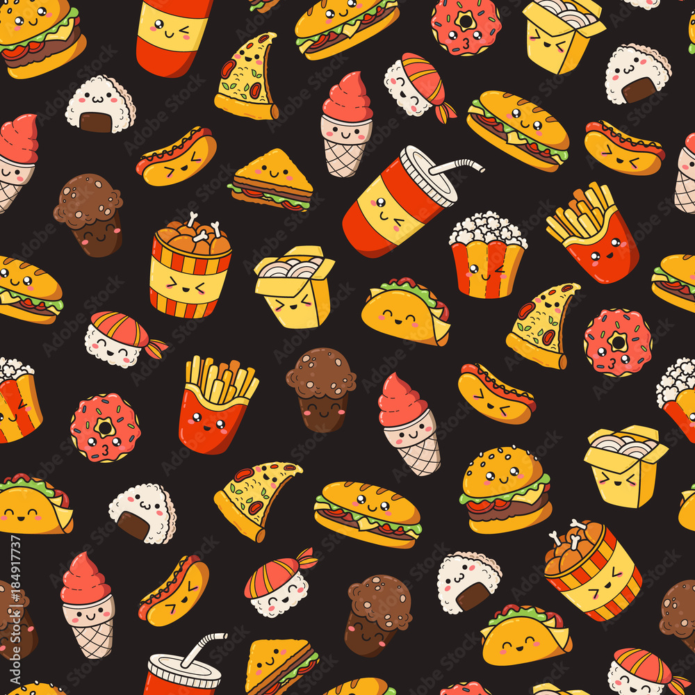 Set of vector cartoon doodle icons junk food. Illustration of comic