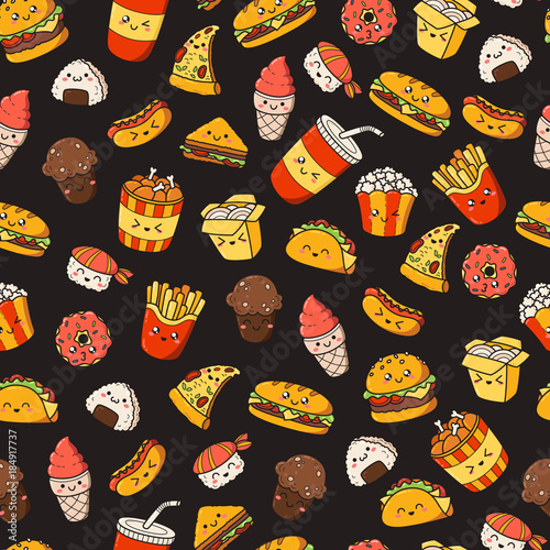 Set of vector cartoon doodle icons junk food. Illustration of comic fast food. Seamless texture, pattern, wallpaper, background
