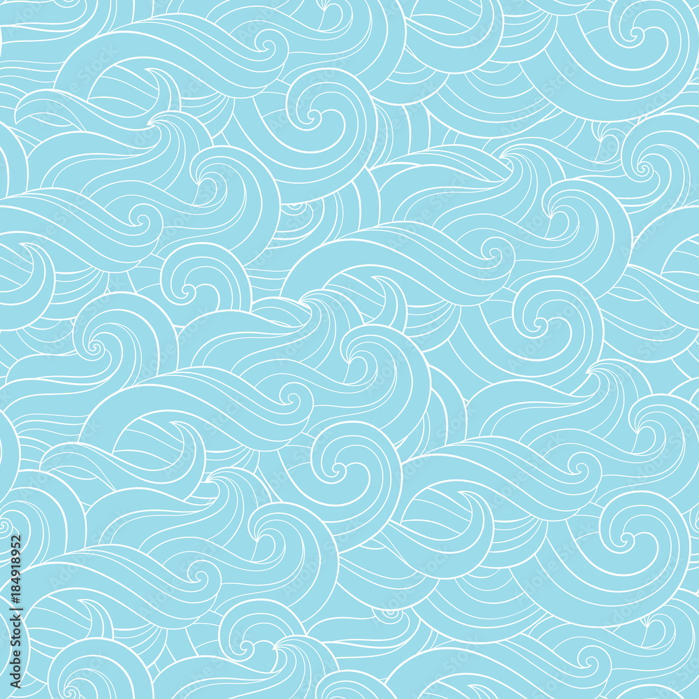 Abstract cartoon blue white background, wallpaper. Doodle pattern sea  waves, ocean, river, wind. Seamless texture textile fabric, printing, web  design, card, poster, flyer, banner, packaging, wrapping Stock Vector |  Adobe Stock