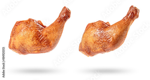 smoked chicken thigh on white background