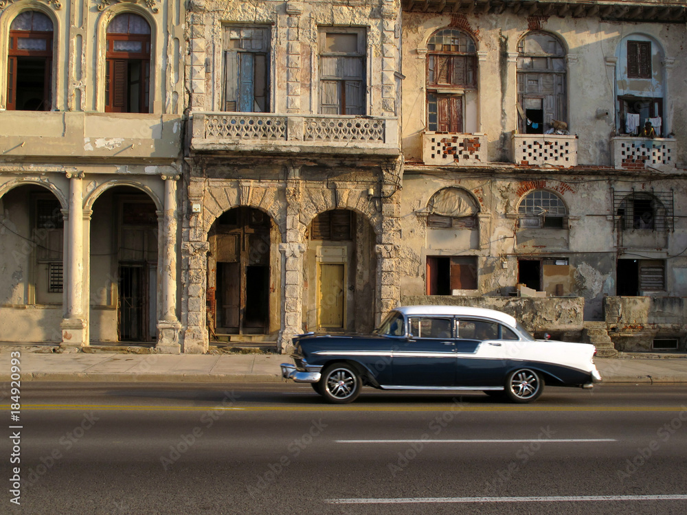 Classic american car at Malecon Boulevard in Havana, Cuba
